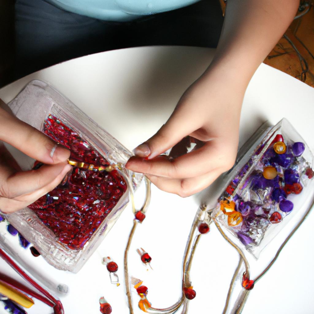 Person stringing beads for jewelry