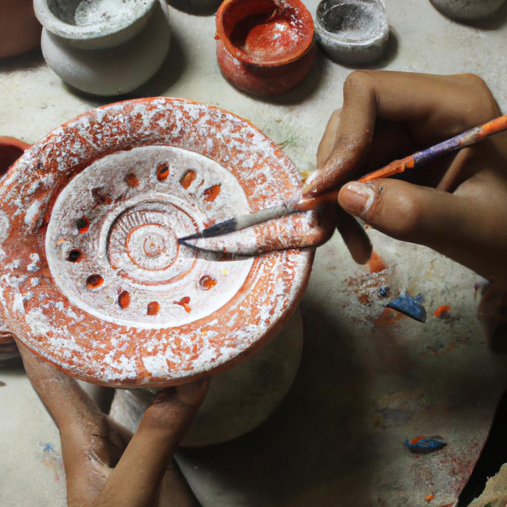Potter painting intricate designs on pottery