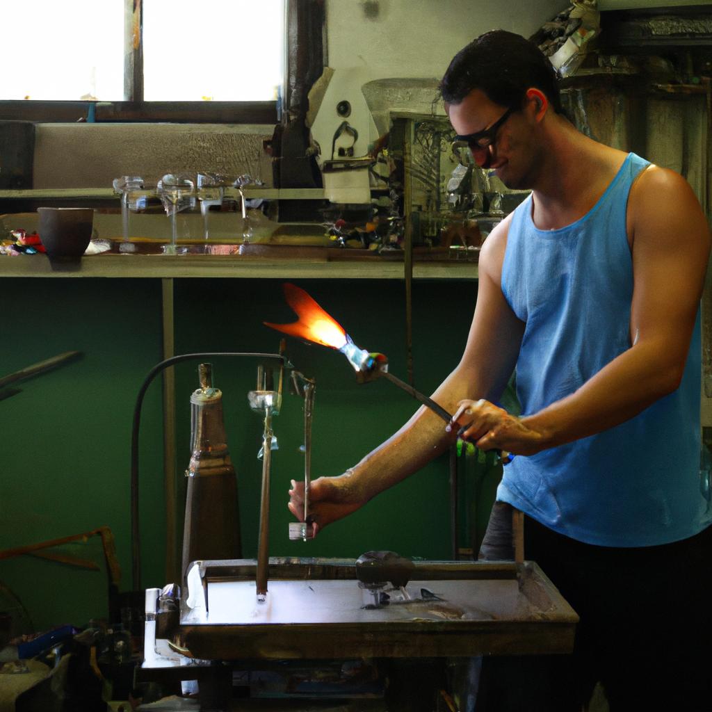 Person blowing glass in workshop