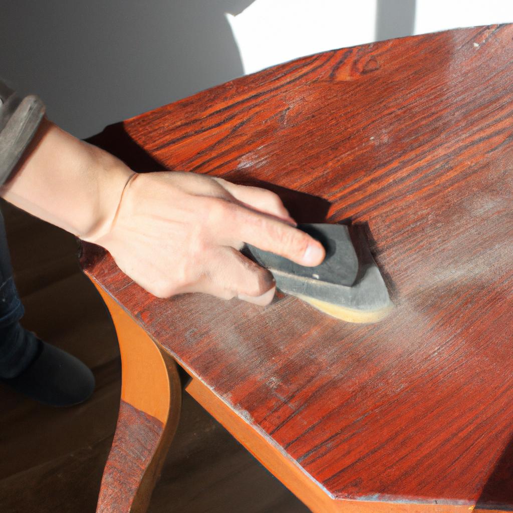Person sanding wooden furniture surface