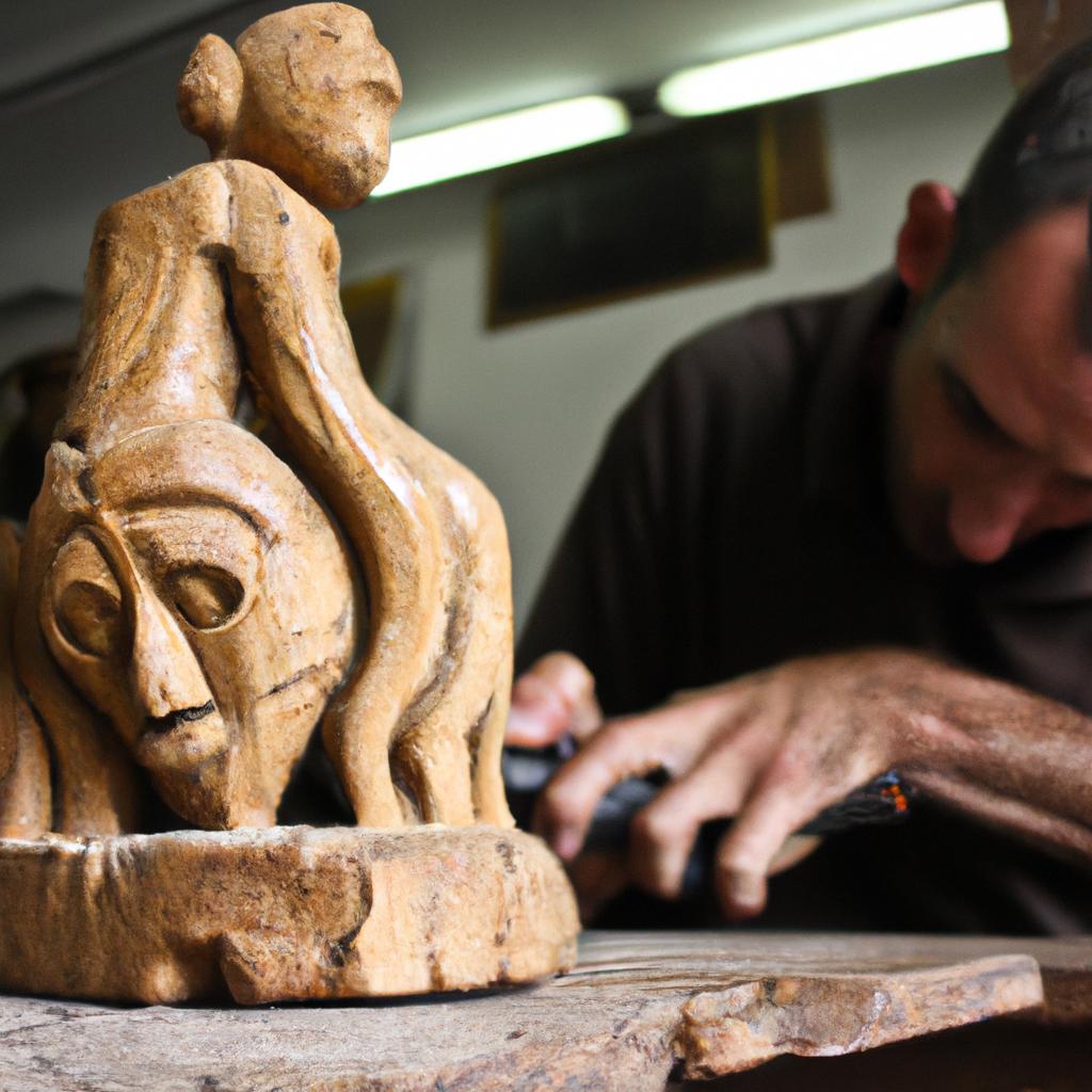 Person carving intricate wooden sculpture